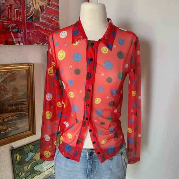 red sheer unif smiley face button up long sleeve shirt - Picture 1 of 3